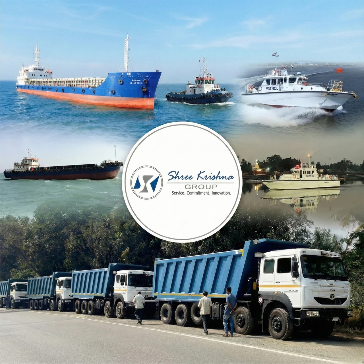 Shree Krishna Group collage of cargo vessels, tugboats, patrol boats and tipper trucks around the company logo