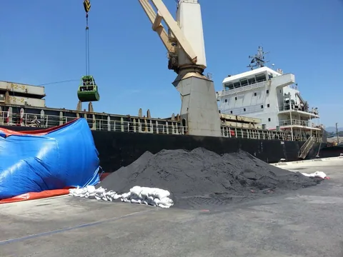 A shipboard crane above bulk material on the quayside
